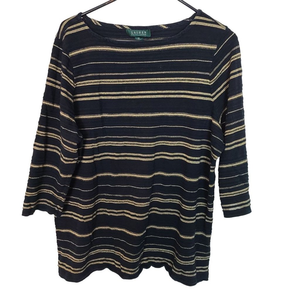 Lauren Ralph Lauren Womens 2X Black Gold Striped 3/4 Sleeves Boat Neck Blouse